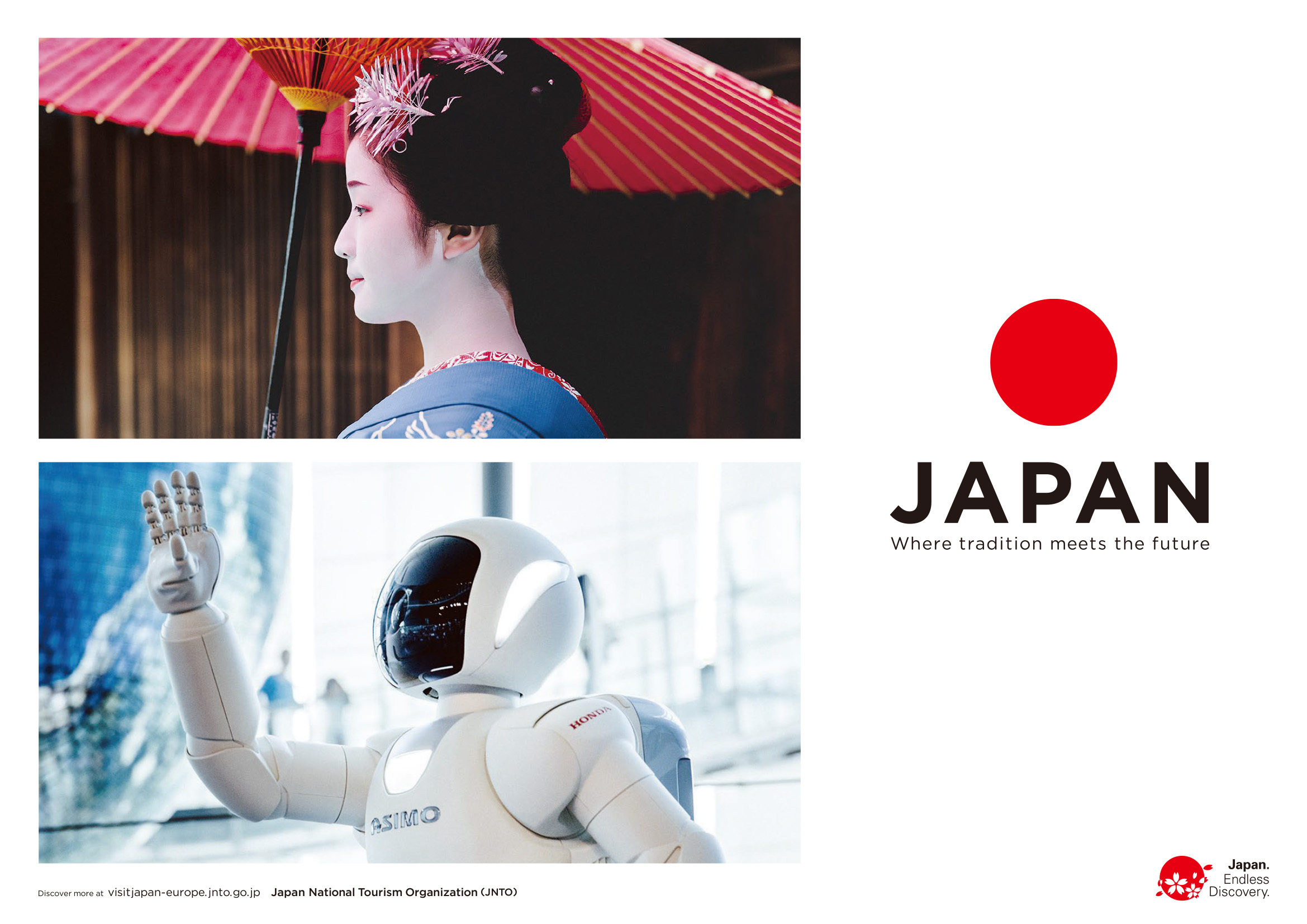 Publicité JNTO mettant en parallele une geisha et le robot Asimo